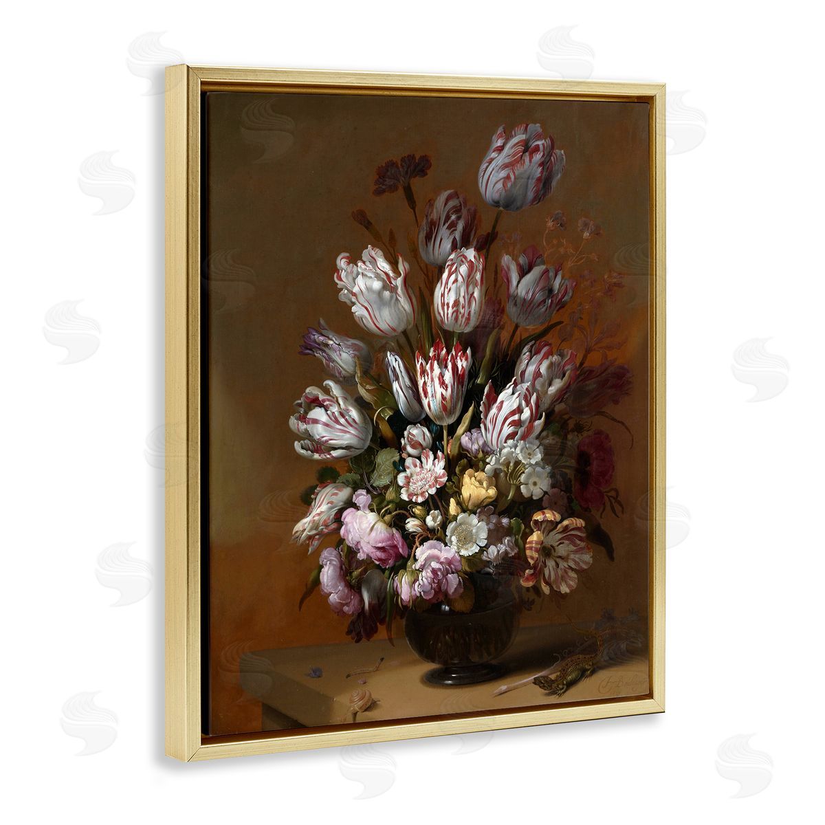one1000paintings Still Life with Flowers Traditional Hans Bollongier Paintings Gold Floating Frame Canvas Wall Art Print