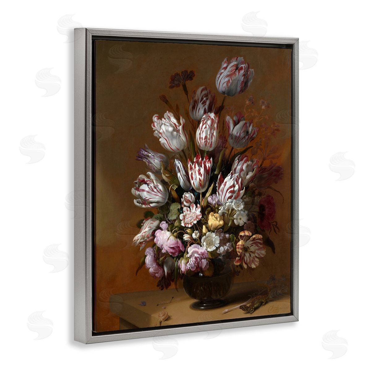 one1000paintings Still Life with Flowers Traditional Hans Bollongier Paintings Gray Floating Frame Canvas Wall Art Print