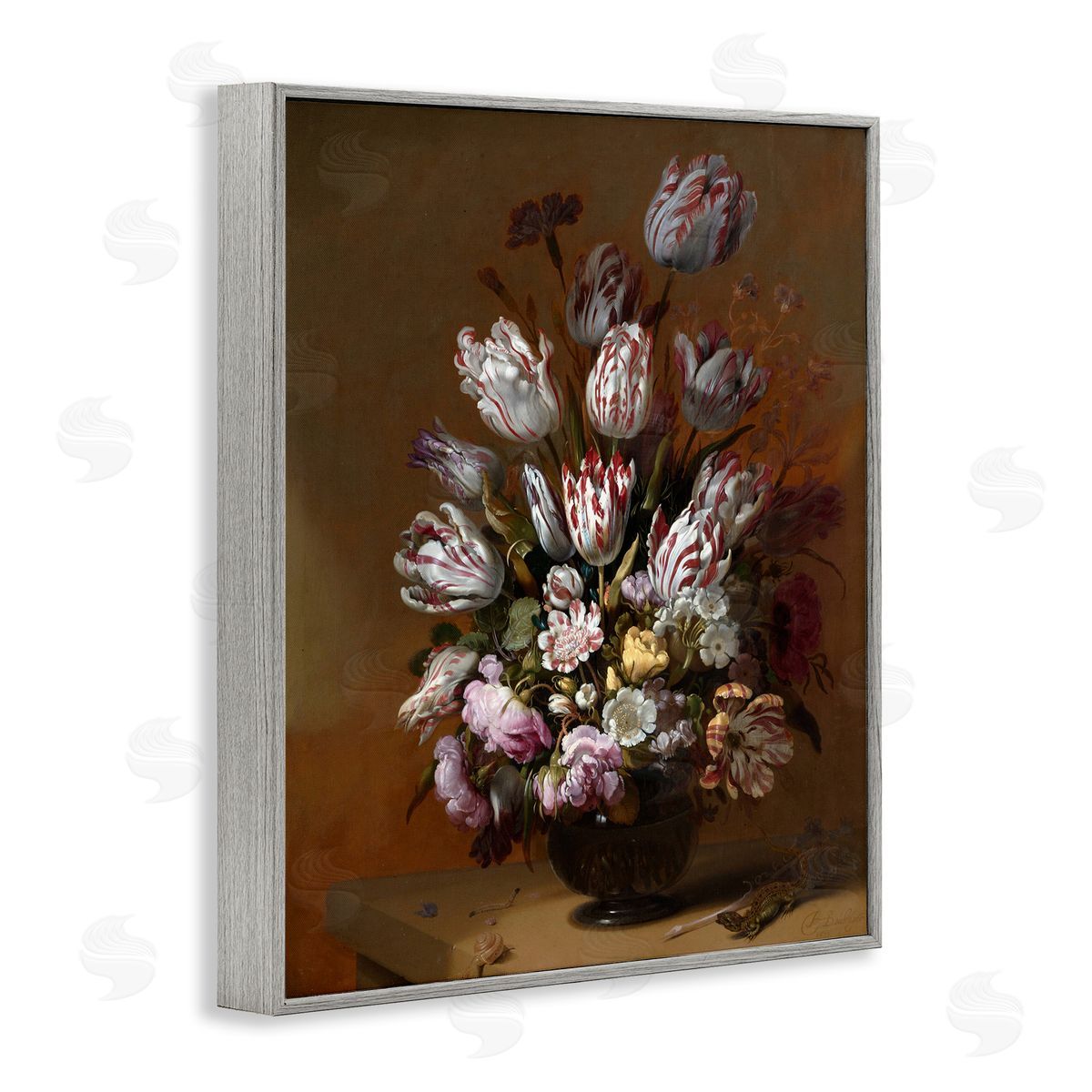 one1000paintings Still Life with Flowers Traditional Hans Bollongier Paintings Gray Framed Giclee Wall Art Print