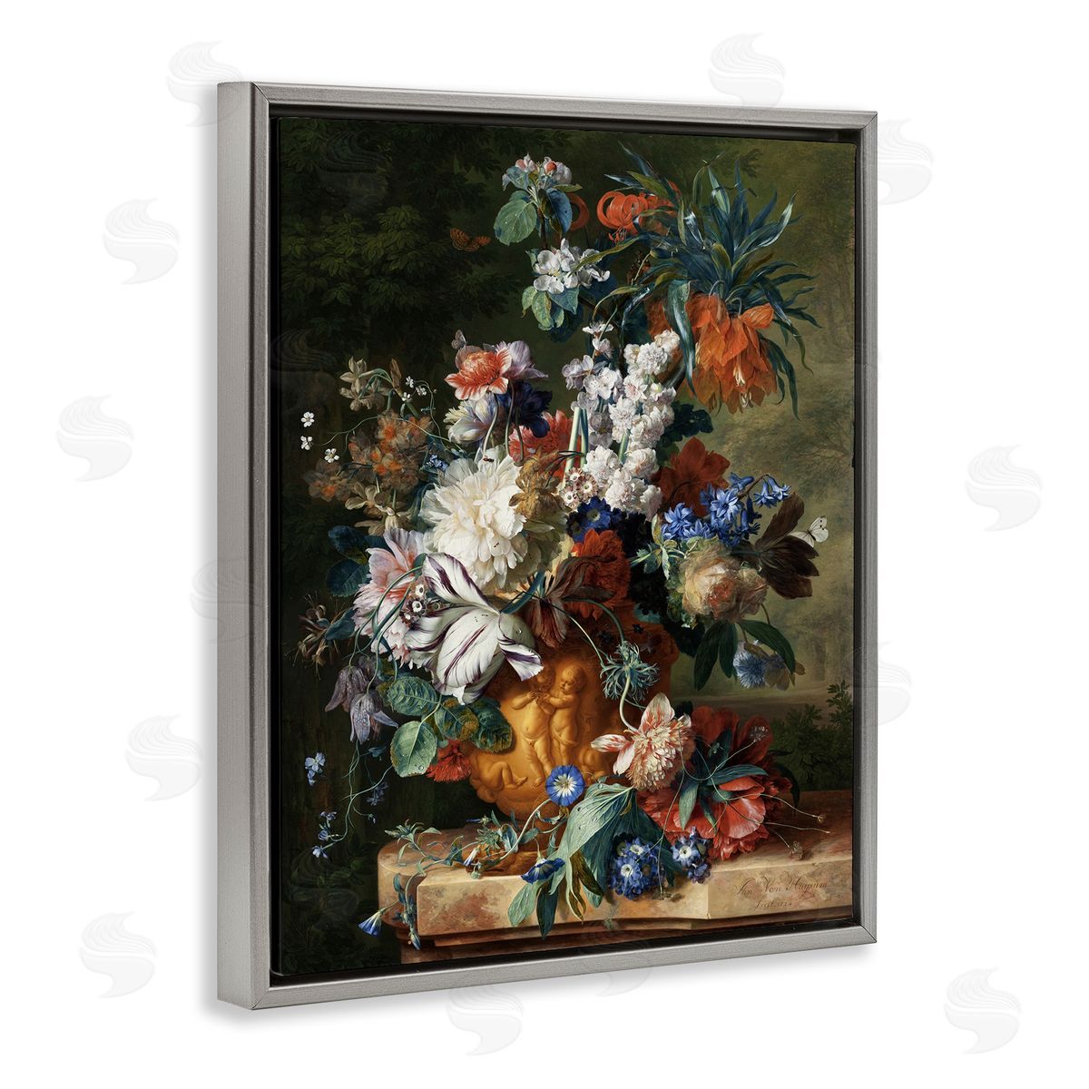 one1000paintings Bouquet of Flowers in Urn Jan van Huysum Painting Gray Floating Frame Canvas Wall Art Print