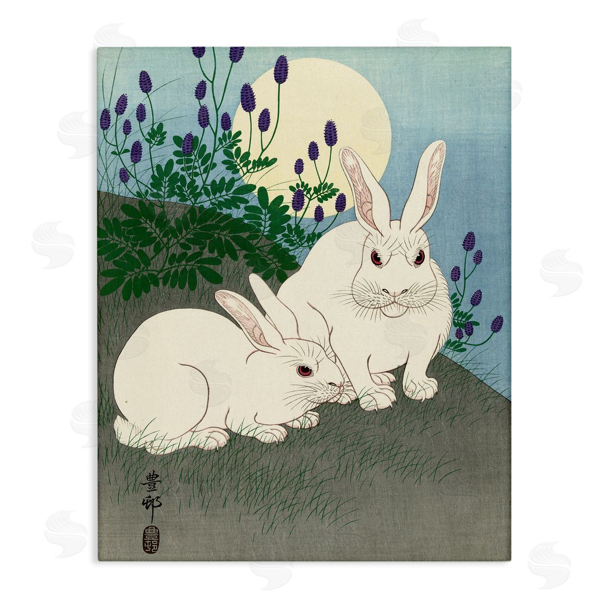 one1000paintings Konijnen bij Volle Maan Ohara Koson Classic Rabbit Painting Stretched Canvas Wall Art Print