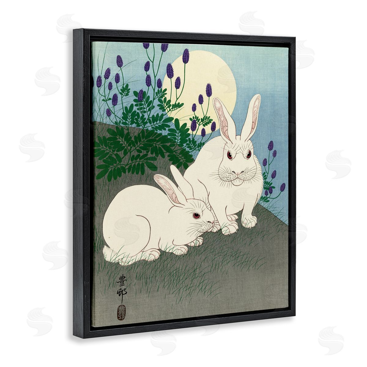 one1000paintings Konijnen bij Volle Maan Ohara Koson Classic Rabbit Painting Black Floating Frame Canvas Wall Art Print
