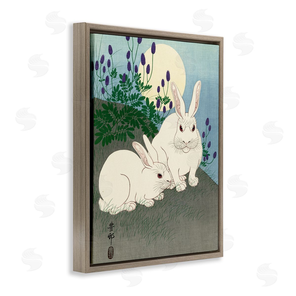 one1000paintings Konijnen bij Volle Maan Ohara Koson Classic Rabbit Painting Brown Floating Frame Canvas Wall Art Print