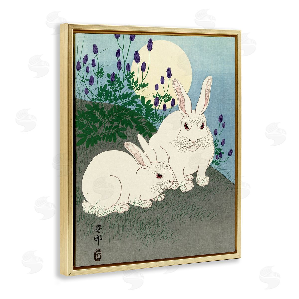 one1000paintings Konijnen bij Volle Maan Ohara Koson Classic Rabbit Painting Gold Floating Frame Canvas Wall Art Print