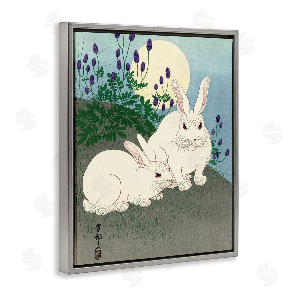 one1000paintings Konijnen bij Volle Maan Ohara Koson Classic Rabbit Painting Gray Floating Frame Canvas Wall Art Print