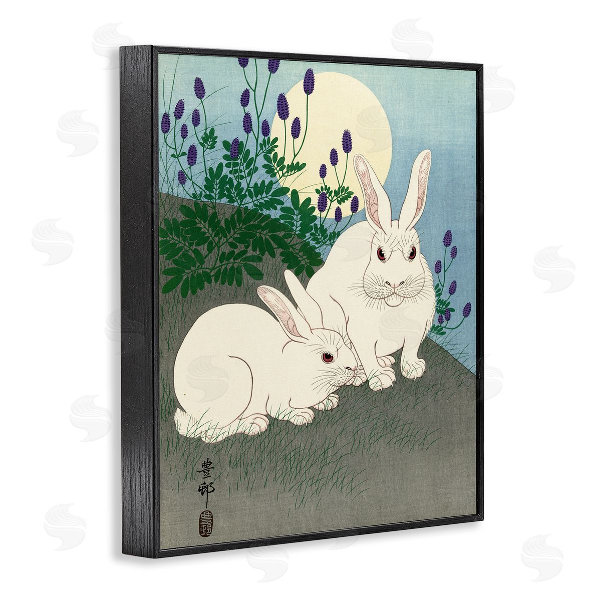 one1000paintings Konijnen bij Volle Maan Ohara Koson Classic Rabbit Painting Black Framed Giclee Wall Art Print