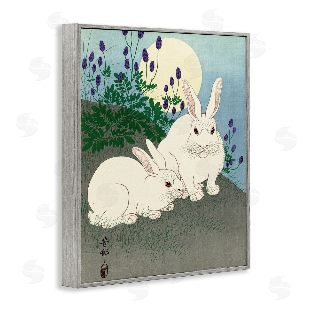 one1000paintings Konijnen bij Volle Maan Ohara Koson Classic Rabbit Painting Gray Framed Giclee Wall Art Print