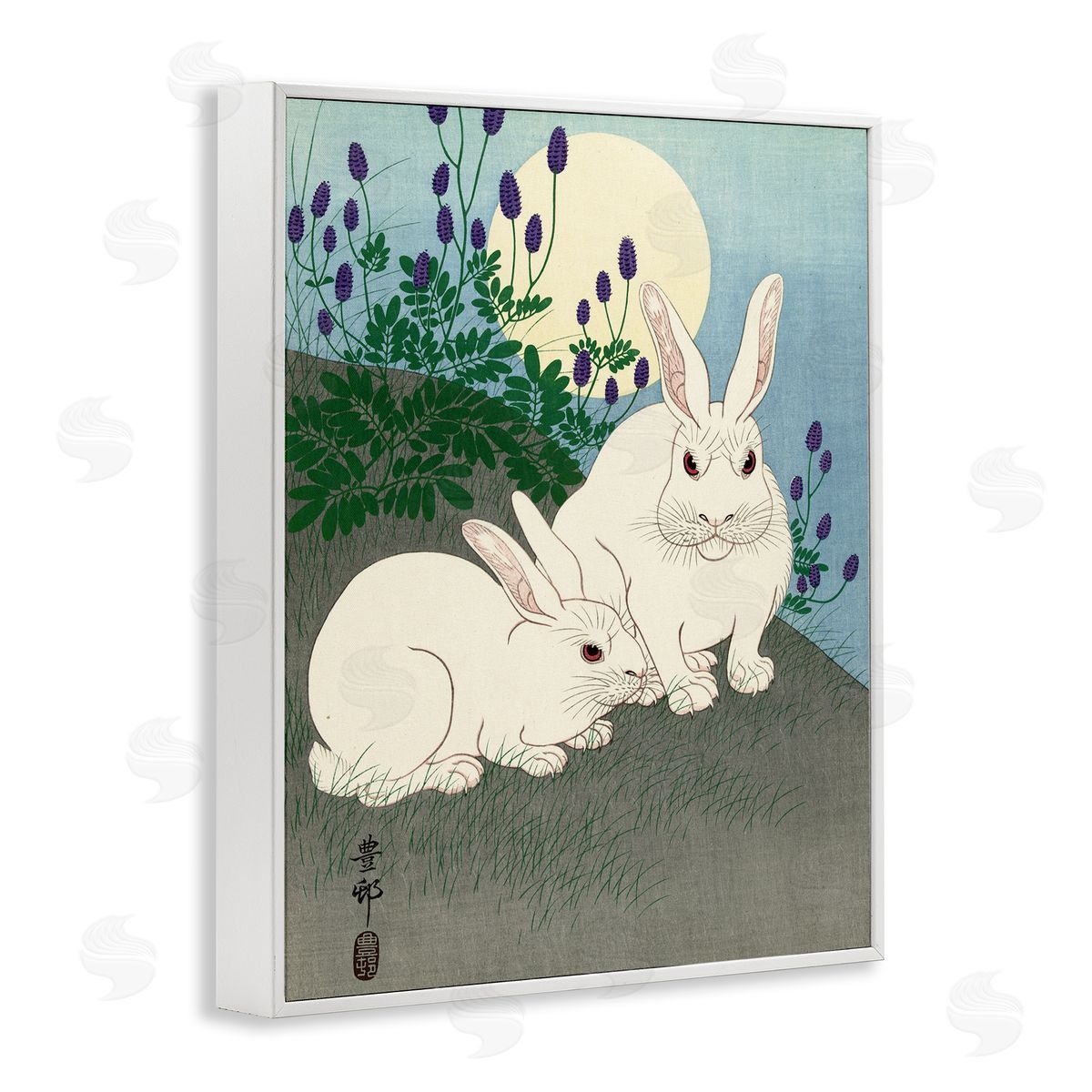 one1000paintings Konijnen bij Volle Maan Ohara Koson Classic Rabbit Painting White Framed Giclee Wall Art Print