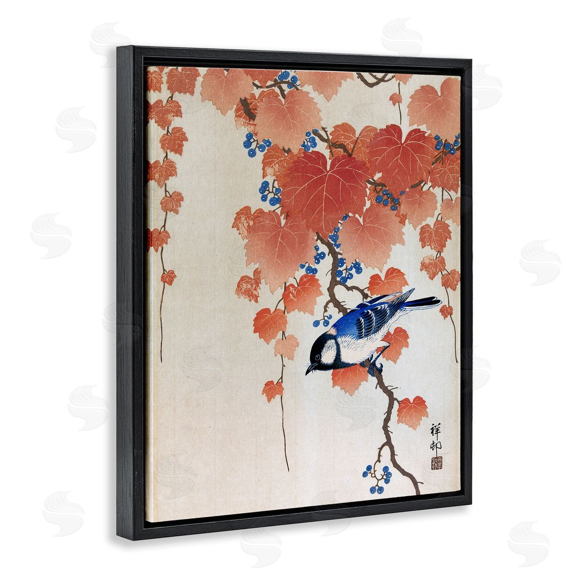 one1000paintings Koolmees op Paulownia Tak Ohara Koson Classic Bird Painting Black Floating Frame Canvas Wall Art Print