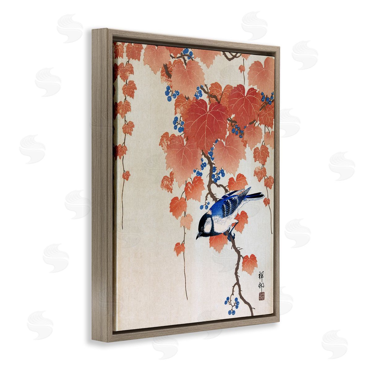 one1000paintings Koolmees op Paulownia Tak Ohara Koson Classic Bird Painting Brown Floating Frame Canvas Wall Art Print
