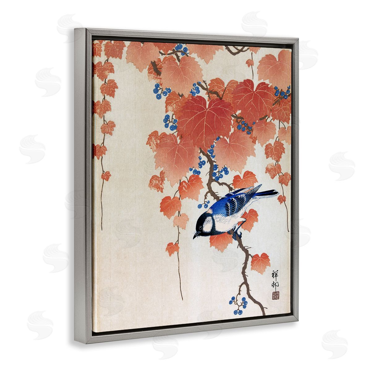 one1000paintings Koolmees op Paulownia Tak Ohara Koson Classic Bird Painting Gray Floating Frame Canvas Wall Art Print