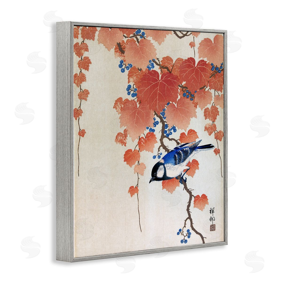 one1000paintings Koolmees op Paulownia Tak Ohara Koson Classic Bird Painting Gray Framed Giclee Wall Art Print