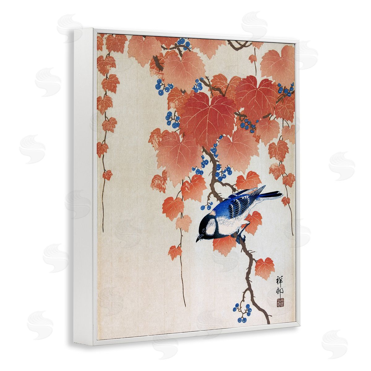 one1000paintings Koolmees op Paulownia Tak Ohara Koson Classic Bird Painting White Framed Giclee Wall Art Print