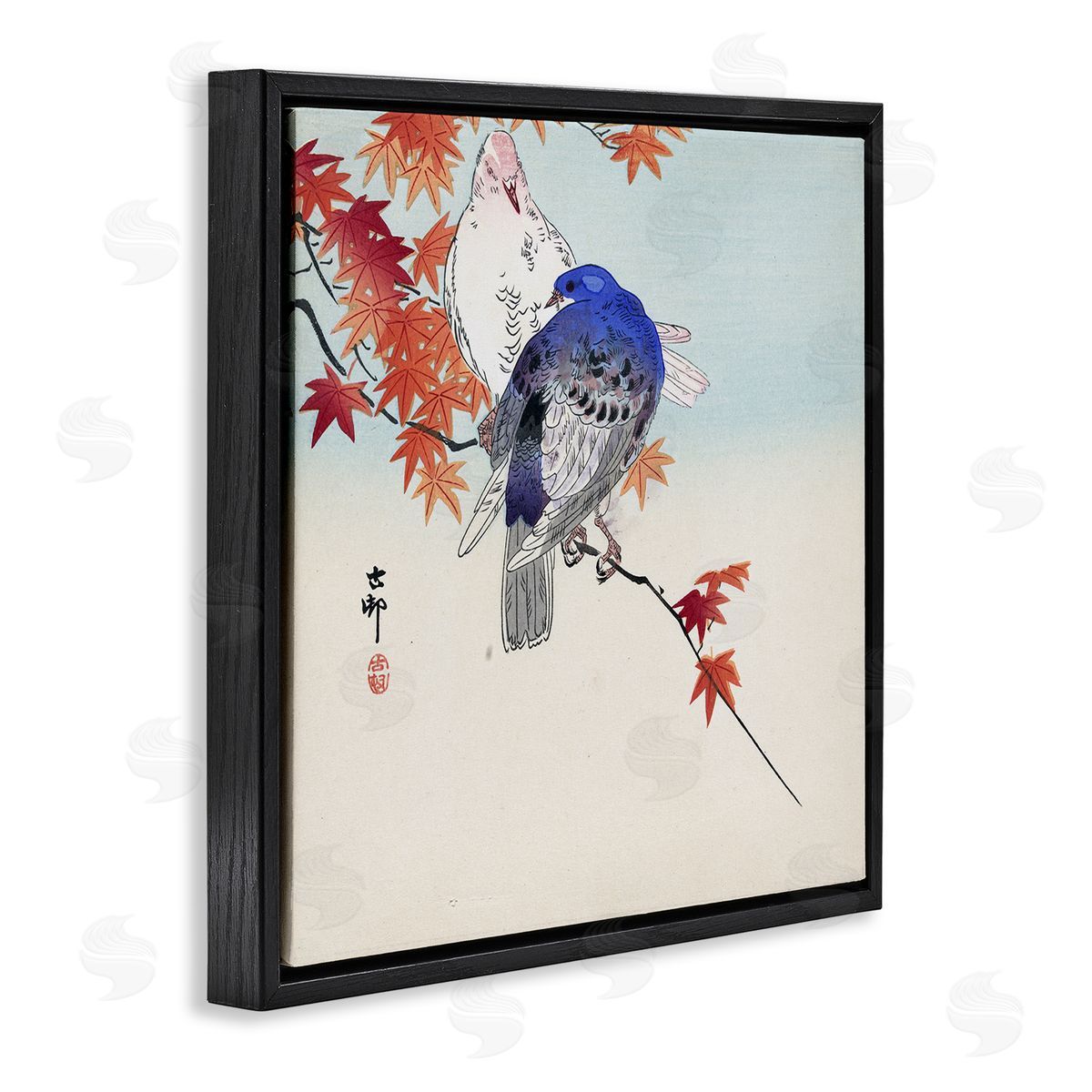 one1000paintings Pigeons Ohara Koson Classical Painting Bird Portrait Black Floating Frame Canvas Wall Art Print