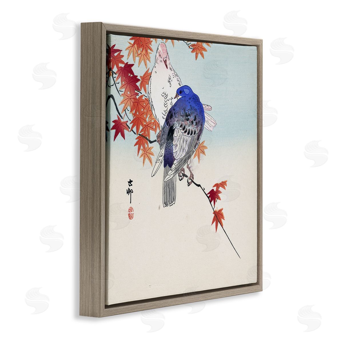 one1000paintings Pigeons Ohara Koson Classical Painting Bird Portrait Brown Floating Frame Canvas Wall Art Print
