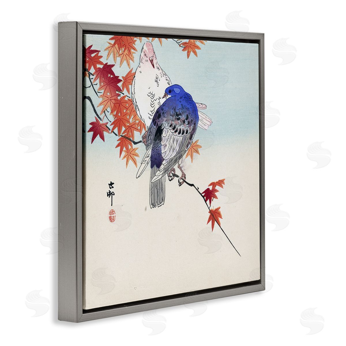 one1000paintings Pigeons Ohara Koson Classical Painting Bird Portrait Gray Floating Frame Canvas Wall Art Print