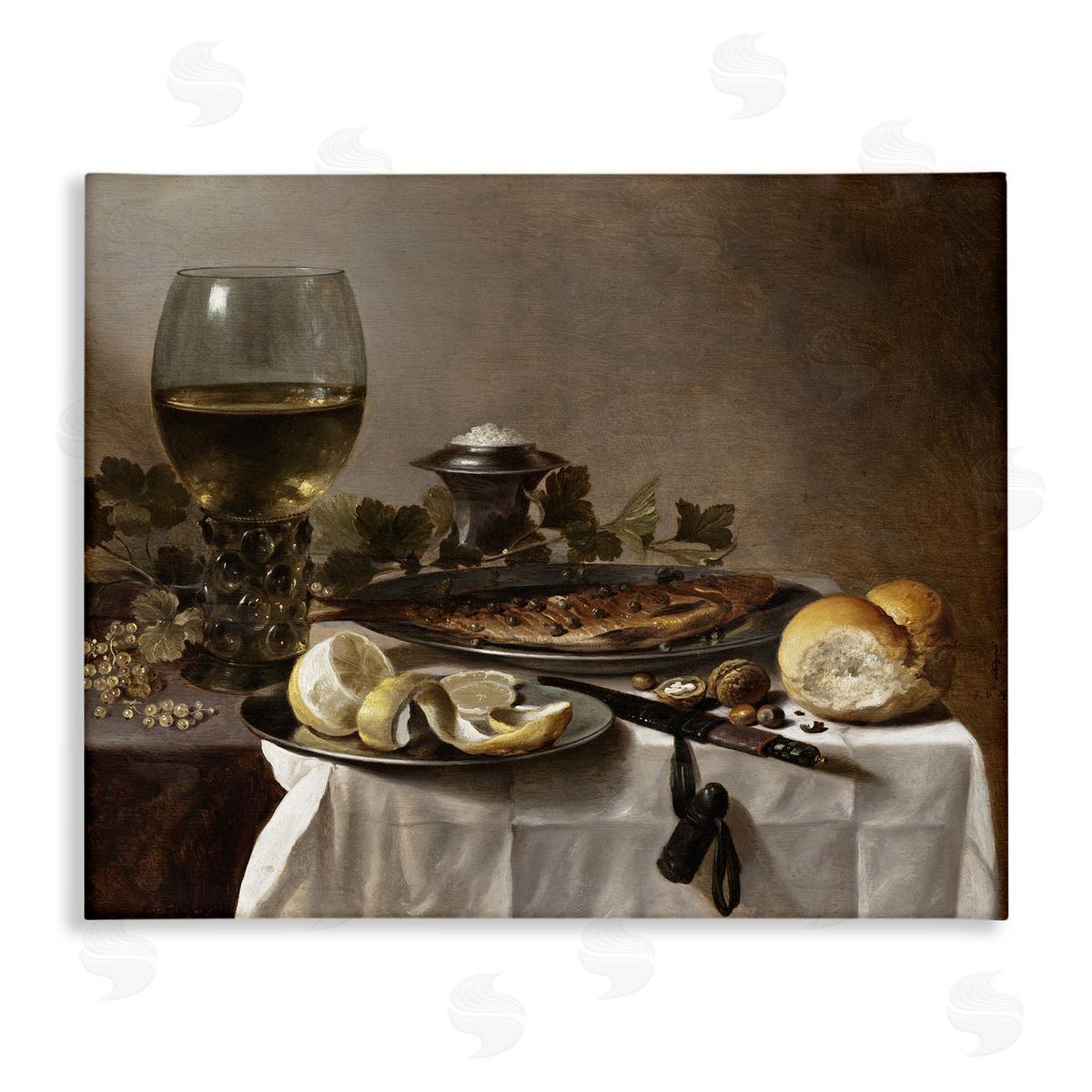 one1000paintings Still Life with Herring Wine and Bread Pieter Claesz Painting Stretched Canvas Wall Art Print