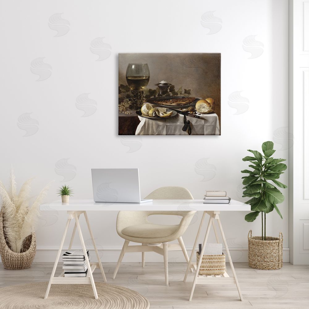 one1000paintings Still Life with Herring Wine and Bread Pieter Claesz Painting Canvas Wall Art Print in Room