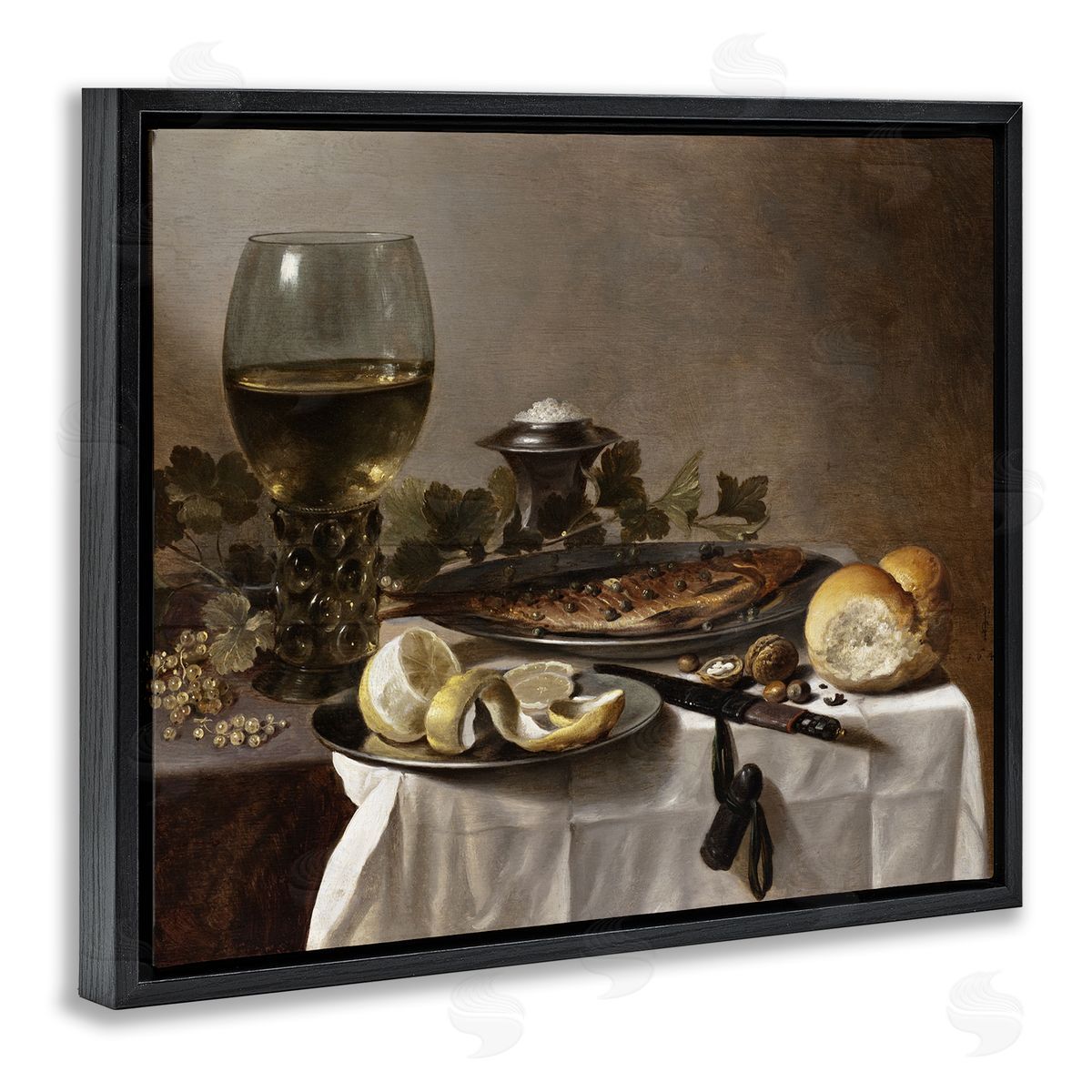 one1000paintings Still Life with Herring Wine and Bread Pieter Claesz Painting Black Floating Frame Canvas Wall Art Print