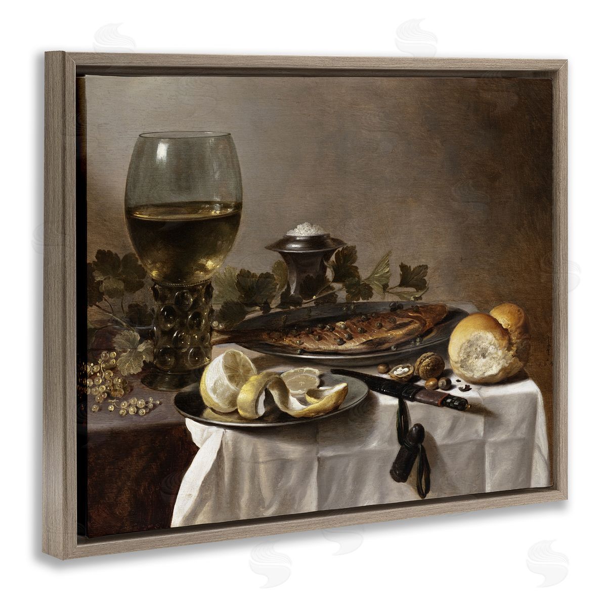 one1000paintings Still Life with Herring Wine and Bread Pieter Claesz Painting Brown Floating Frame Canvas Wall Art Print