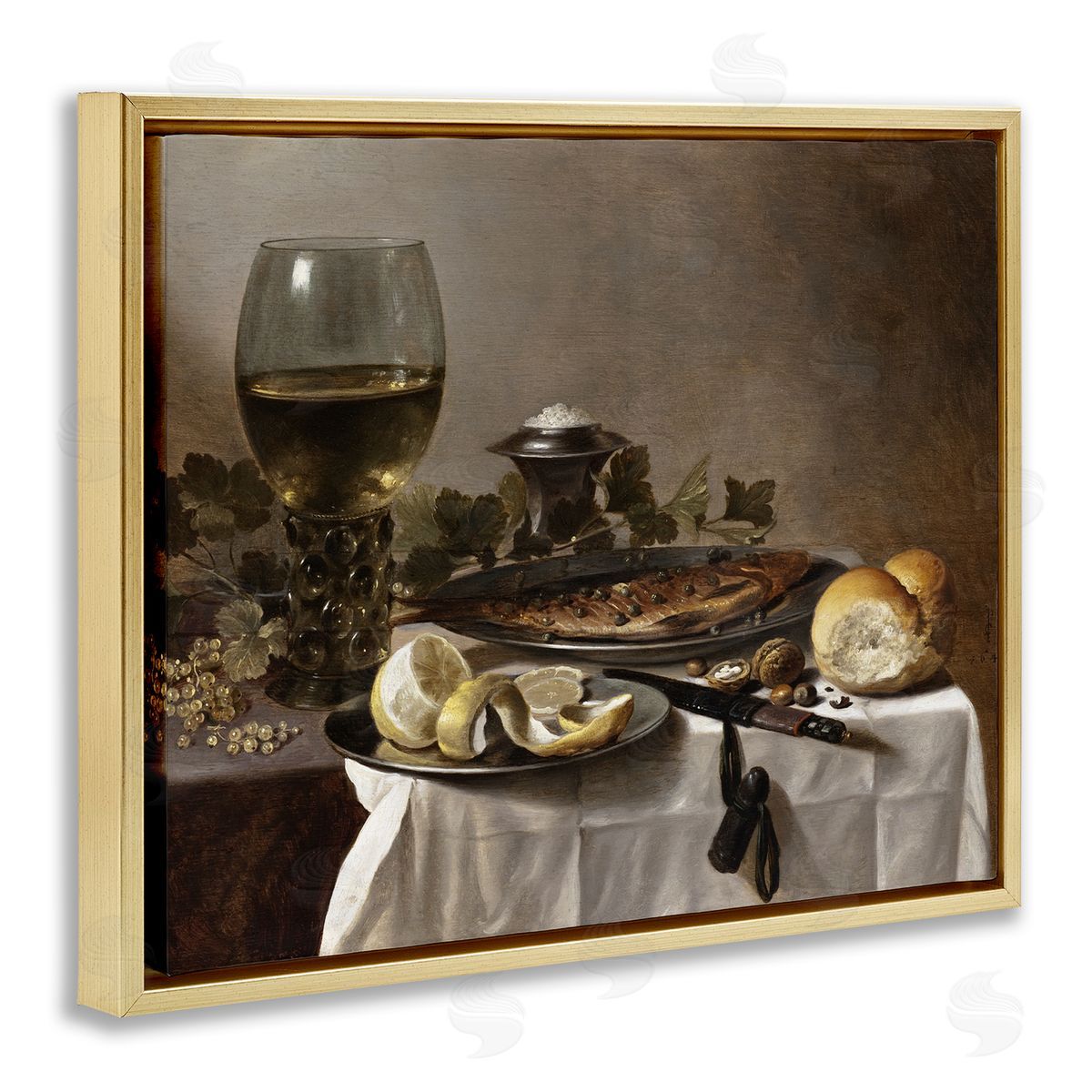 one1000paintings Still Life with Herring Wine and Bread Pieter Claesz Painting Gold Floating Frame Canvas Wall Art Print