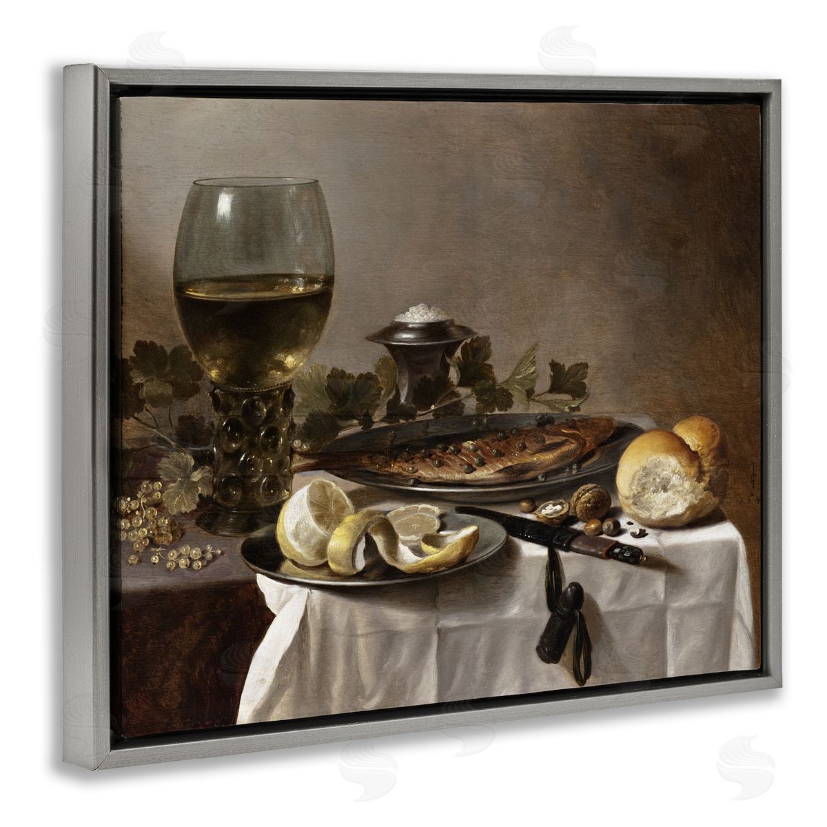 one1000paintings Still Life with Herring Wine and Bread Pieter Claesz Painting Gray Floating Frame Canvas Wall Art Print