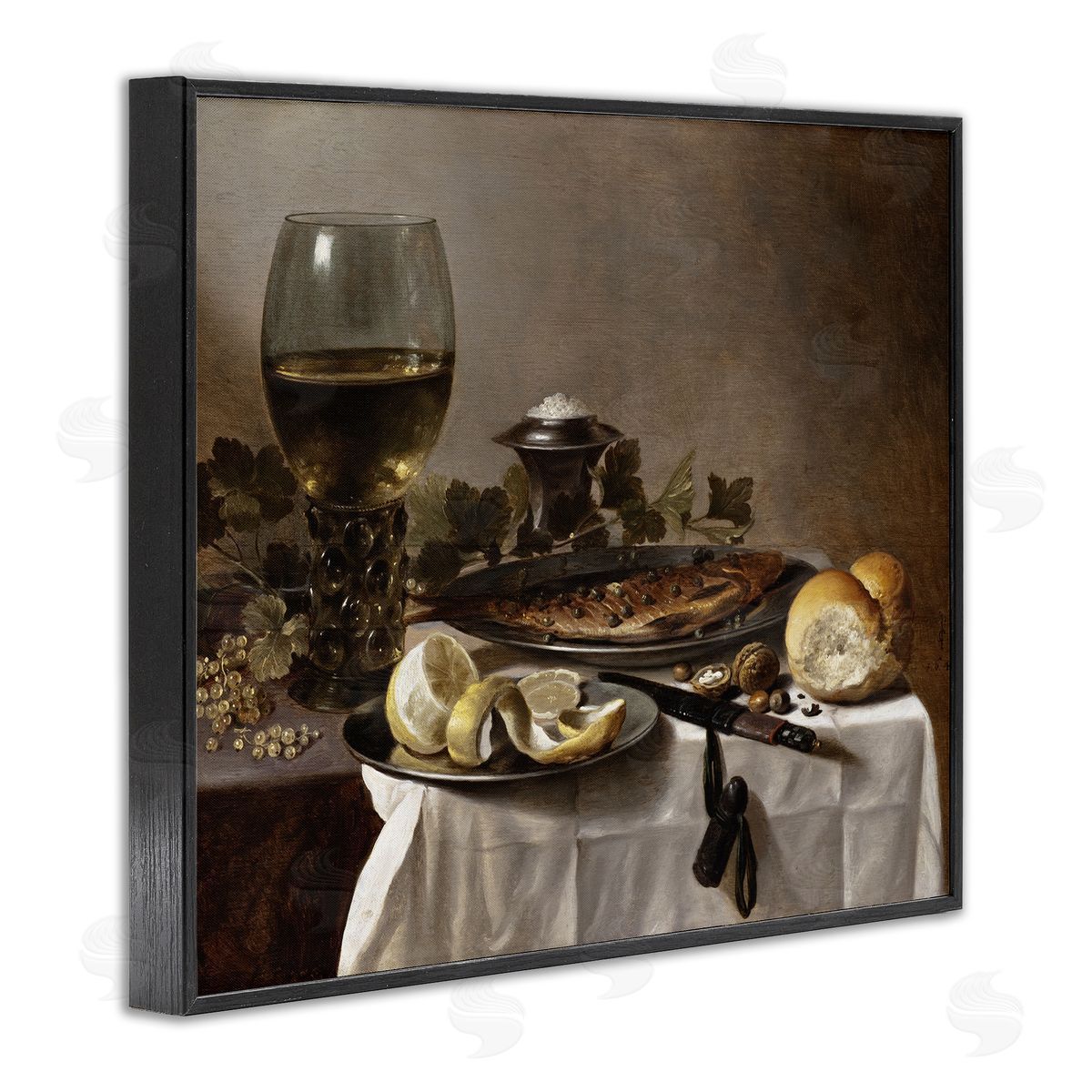 one1000paintings Still Life with Herring Wine and Bread Pieter Claesz Painting Black Framed Giclee Wall Art Print