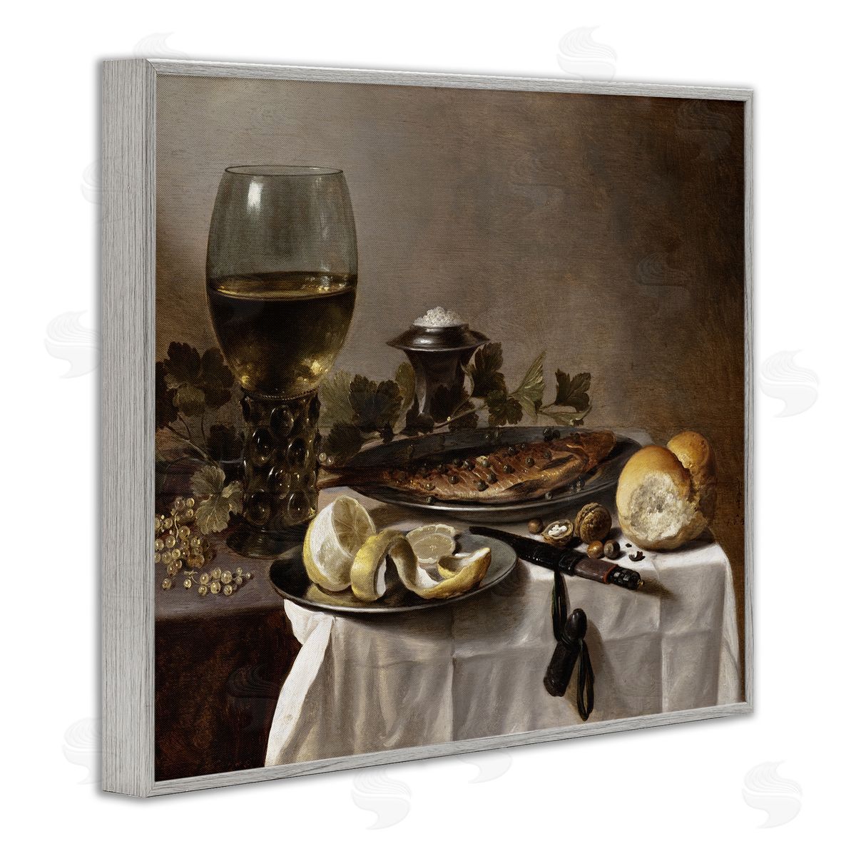 one1000paintings Still Life with Herring Wine and Bread Pieter Claesz Painting Gray Framed Giclee Wall Art Print