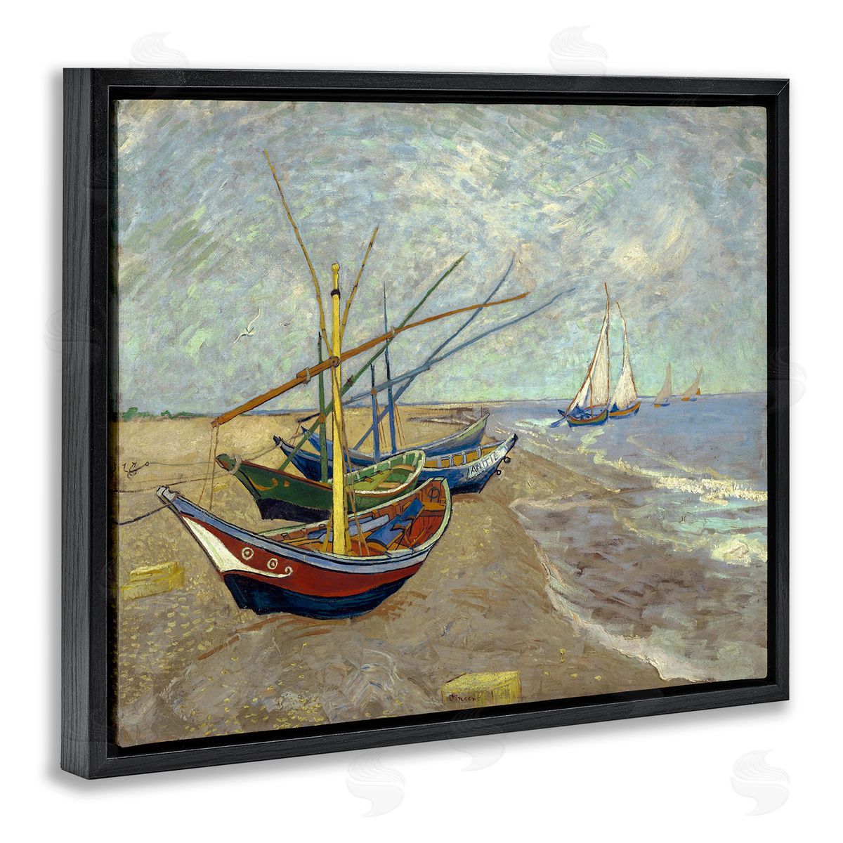 one1000paintings Fishing Boats on Beach Saintes Maries Vincent van Gogh Painting Black Floating Frame Canvas Wall Art Print