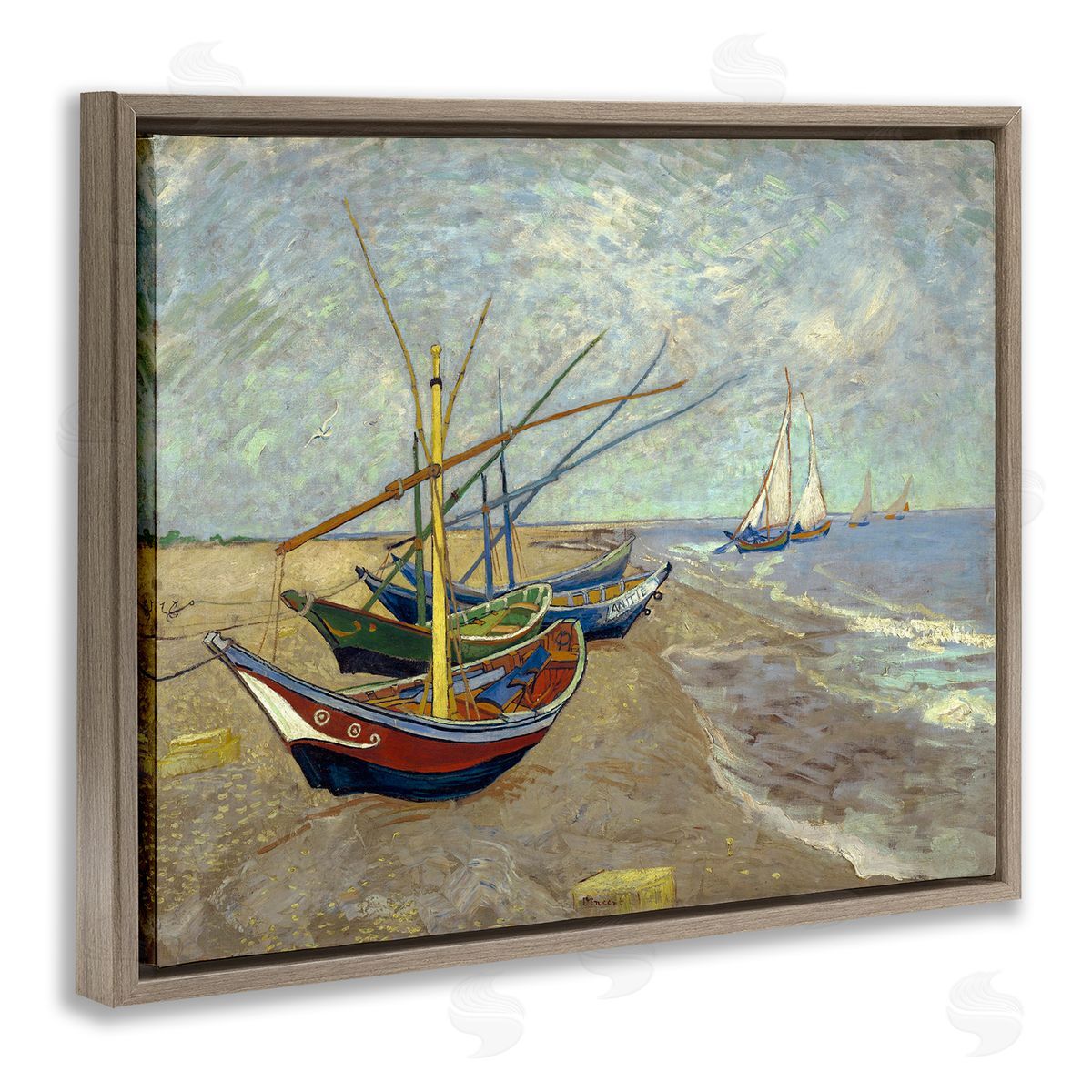 one1000paintings Fishing Boats on Beach Saintes Maries Vincent van Gogh Painting Brown Floating Frame Canvas Wall Art Print