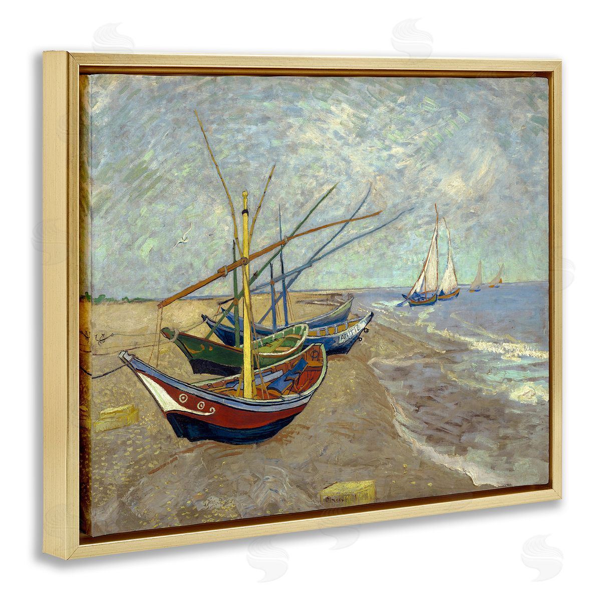 one1000paintings Fishing Boats on Beach Saintes Maries Vincent van Gogh Painting Gold Floating Frame Canvas Wall Art Print