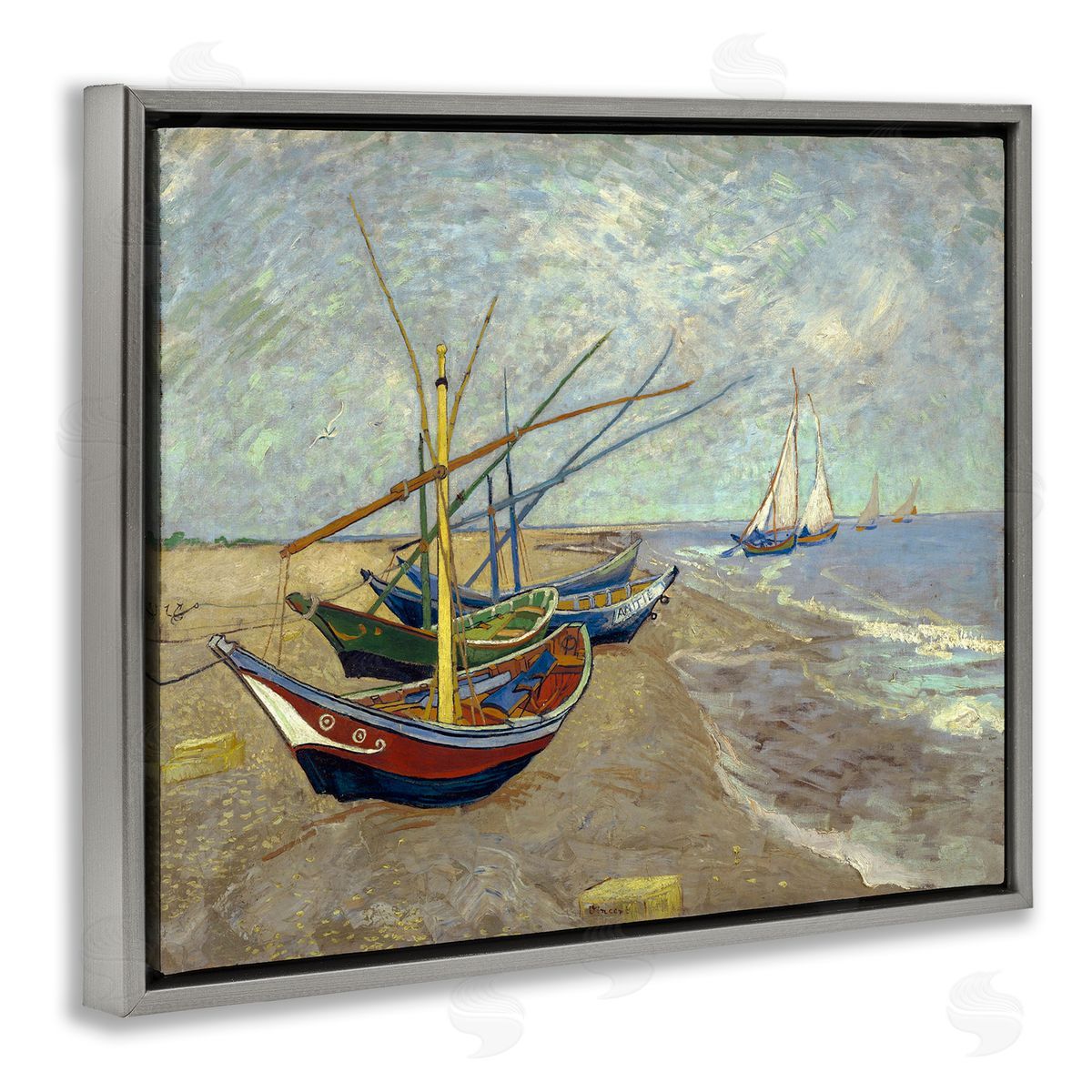one1000paintings Fishing Boats on Beach Saintes Maries Vincent van Gogh Painting Gray Floating Frame Canvas Wall Art Print