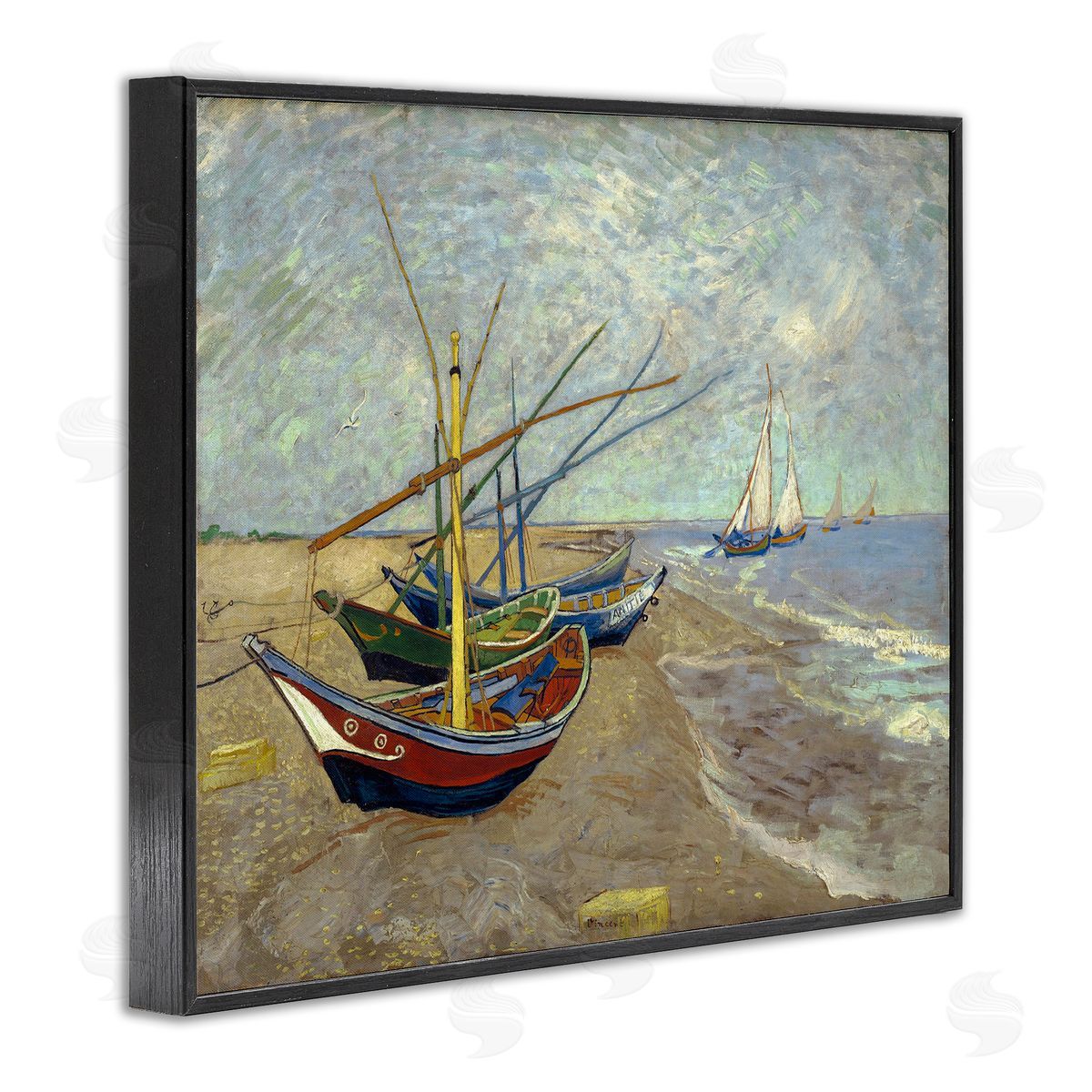 one1000paintings Fishing Boats on Beach Saintes Maries Vincent van Gogh Painting Black Framed Giclee Wall Art Print