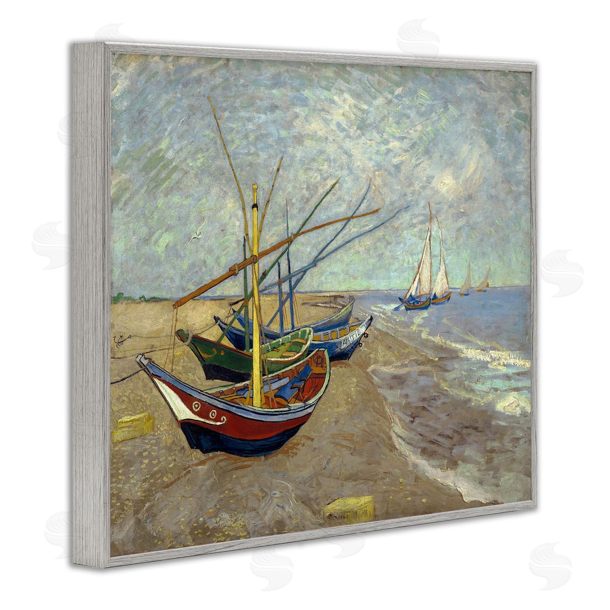 one1000paintings Fishing Boats on Beach Saintes Maries Vincent van Gogh Painting Gray Framed Giclee Wall Art Print