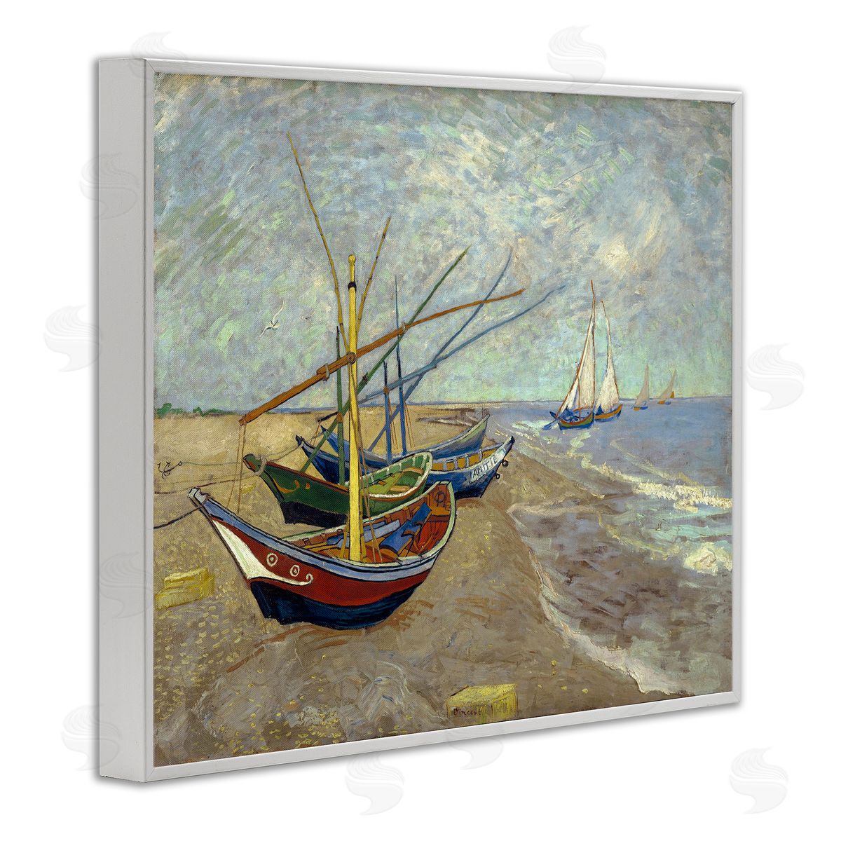 one1000paintings Fishing Boats on Beach Saintes Maries Vincent van Gogh Painting White Framed Giclee Wall Art Print