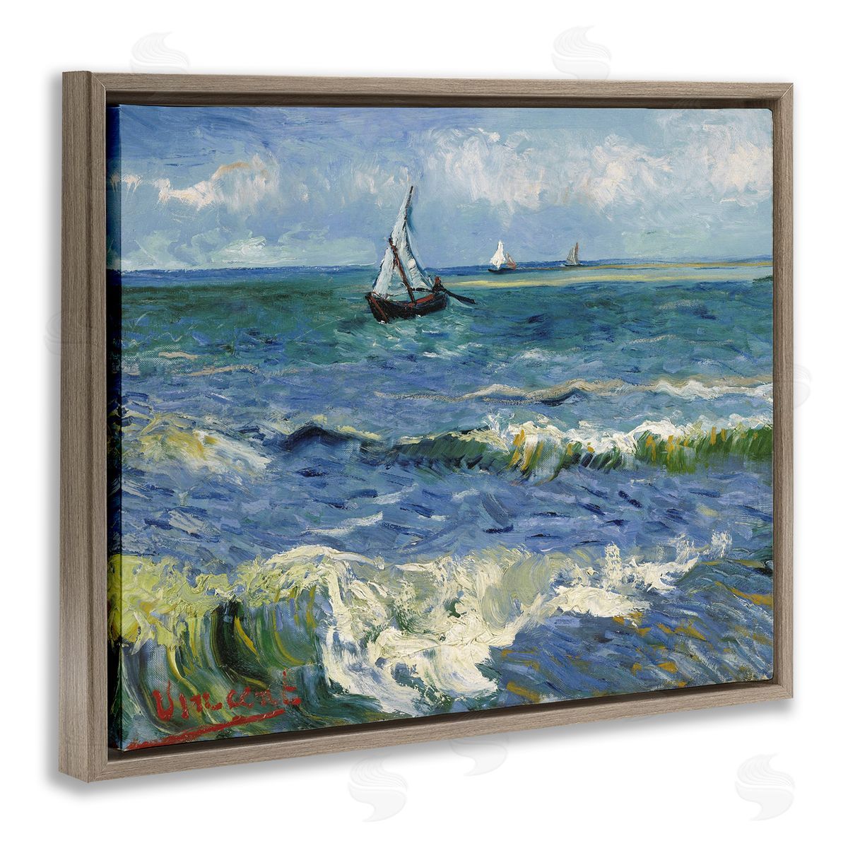 one1000paintings The Sea at Les Saintes-Maries-de-la-Mer Vincent van Gogh Painting Brown Floating Frame Canvas Wall Art Print