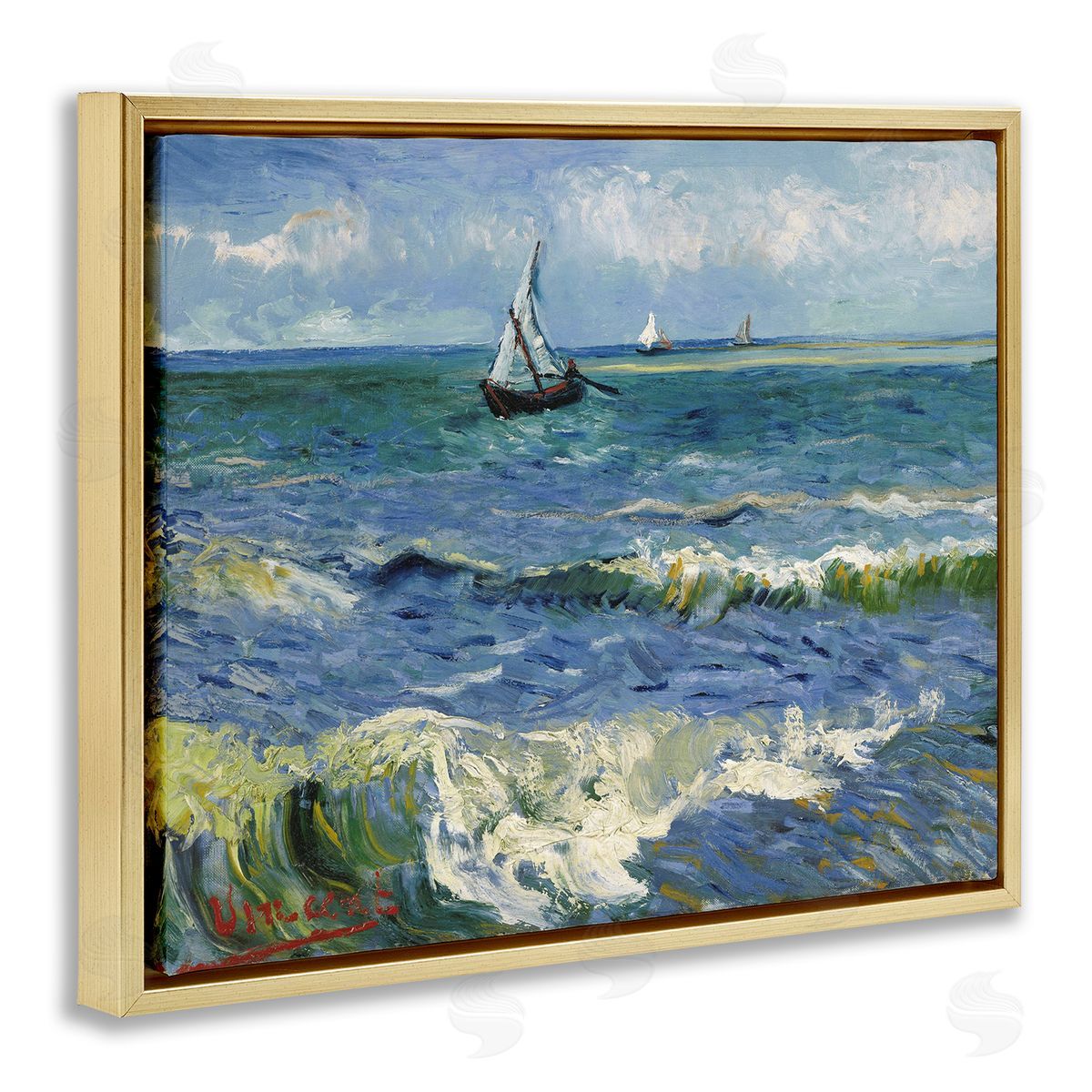 one1000paintings The Sea at Les Saintes-Maries-de-la-Mer Vincent van Gogh Painting Gold Floating Frame Canvas Wall Art Print