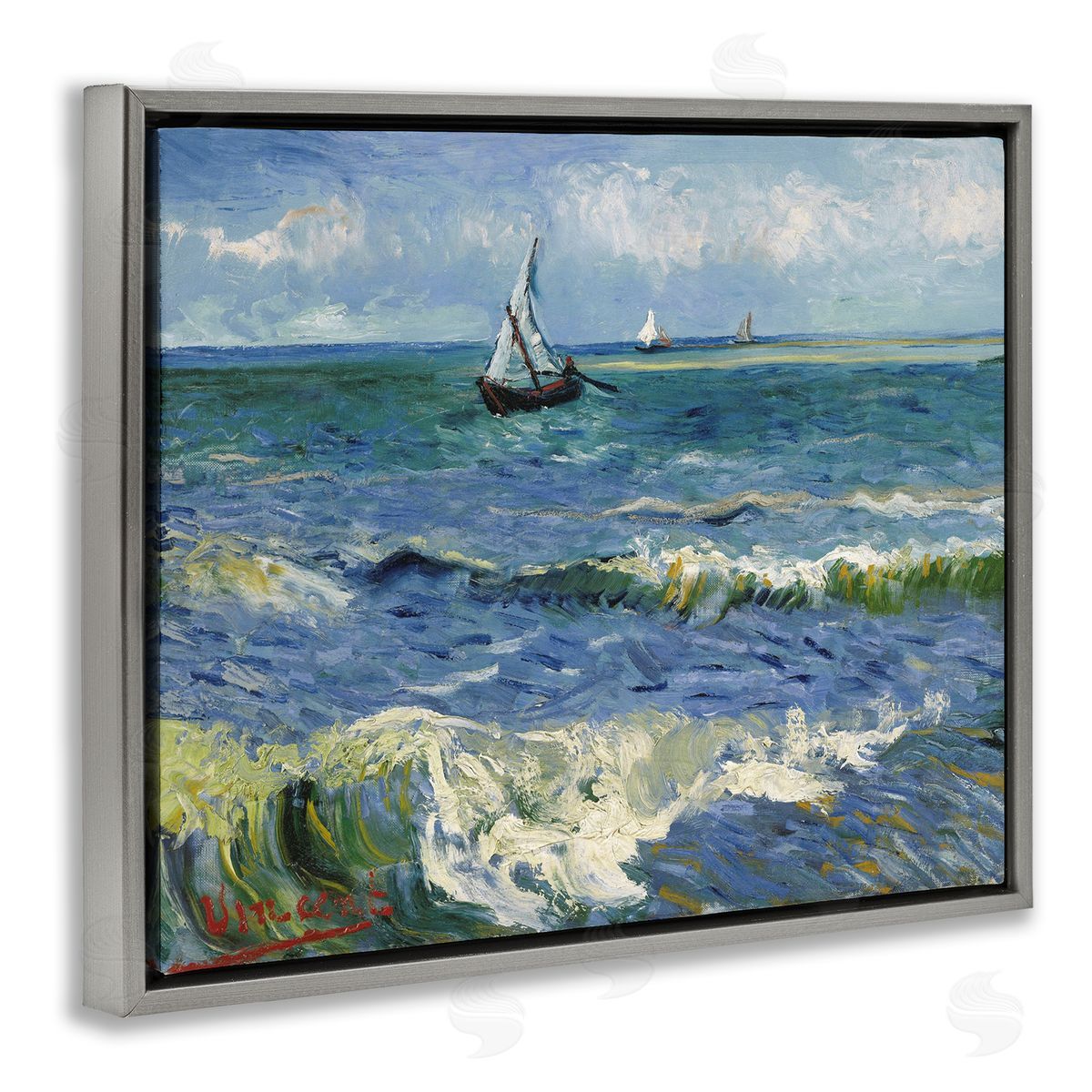one1000paintings The Sea at Les Saintes-Maries-de-la-Mer Vincent van Gogh Painting Gray Floating Frame Canvas Wall Art Print