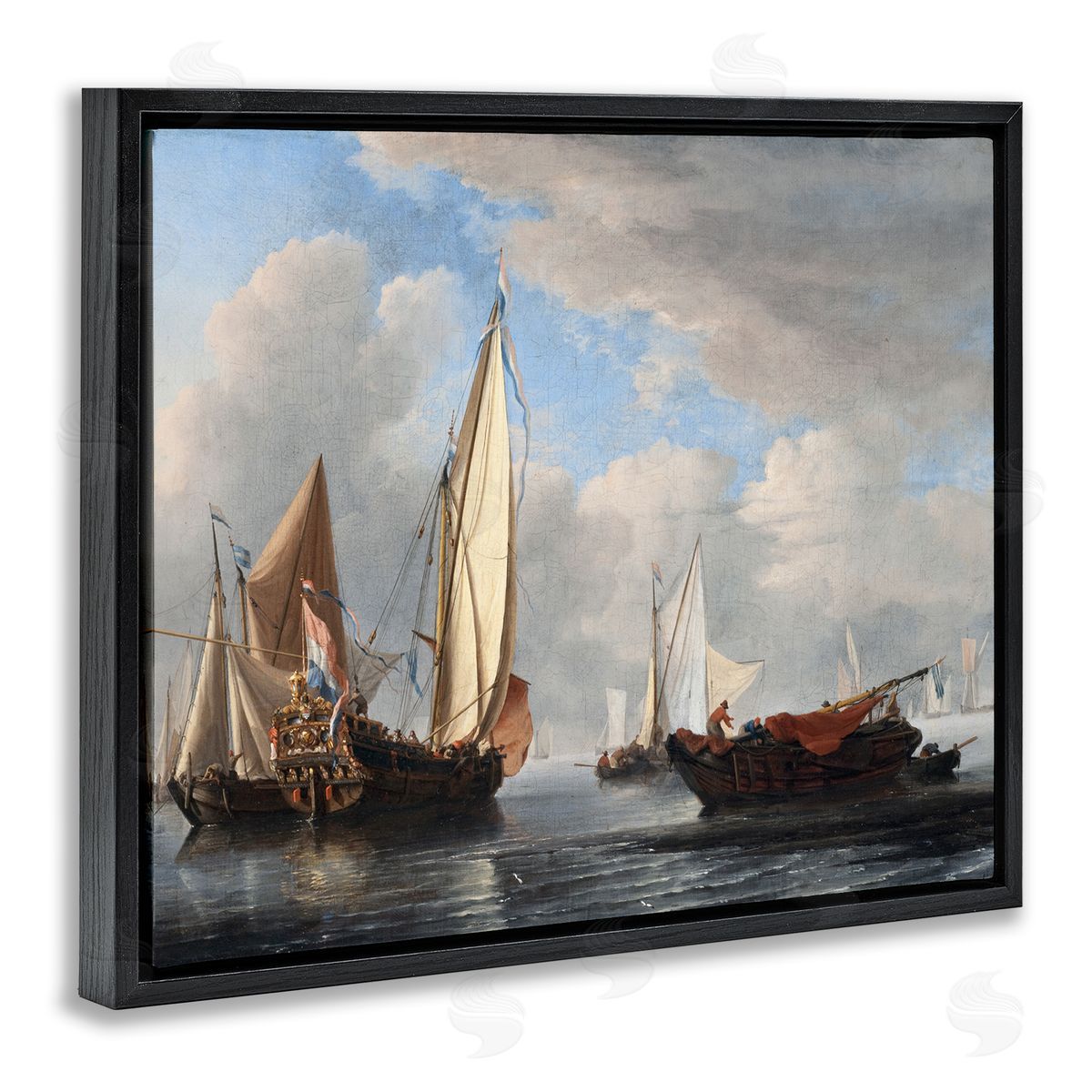 one1000paintings Yacht and Other Vessels Willem van de Velde Classic Painting Black Floating Frame Canvas Wall Art Print