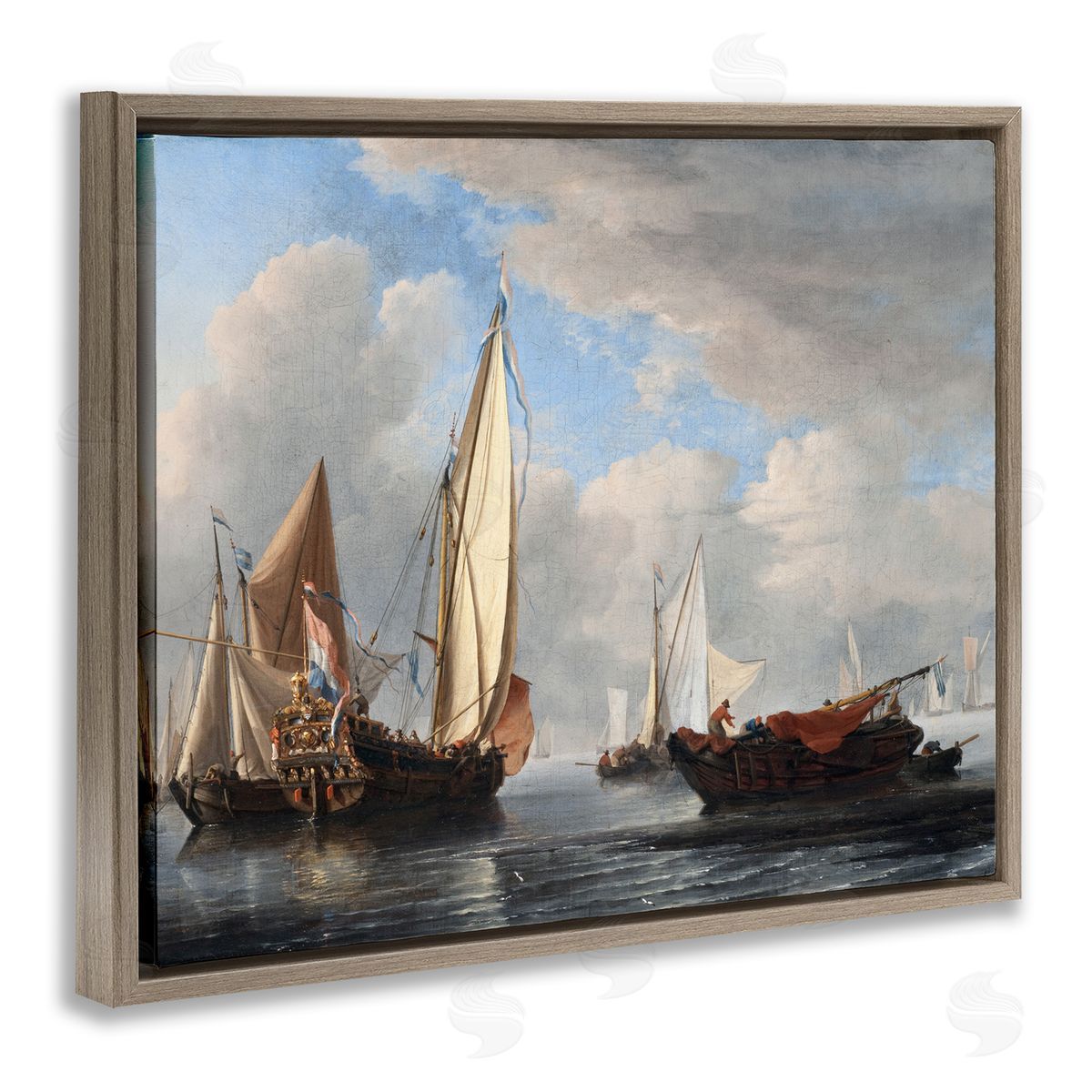 one1000paintings Yacht and Other Vessels Willem van de Velde Classic Painting Brown Floating Frame Canvas Wall Art Print
