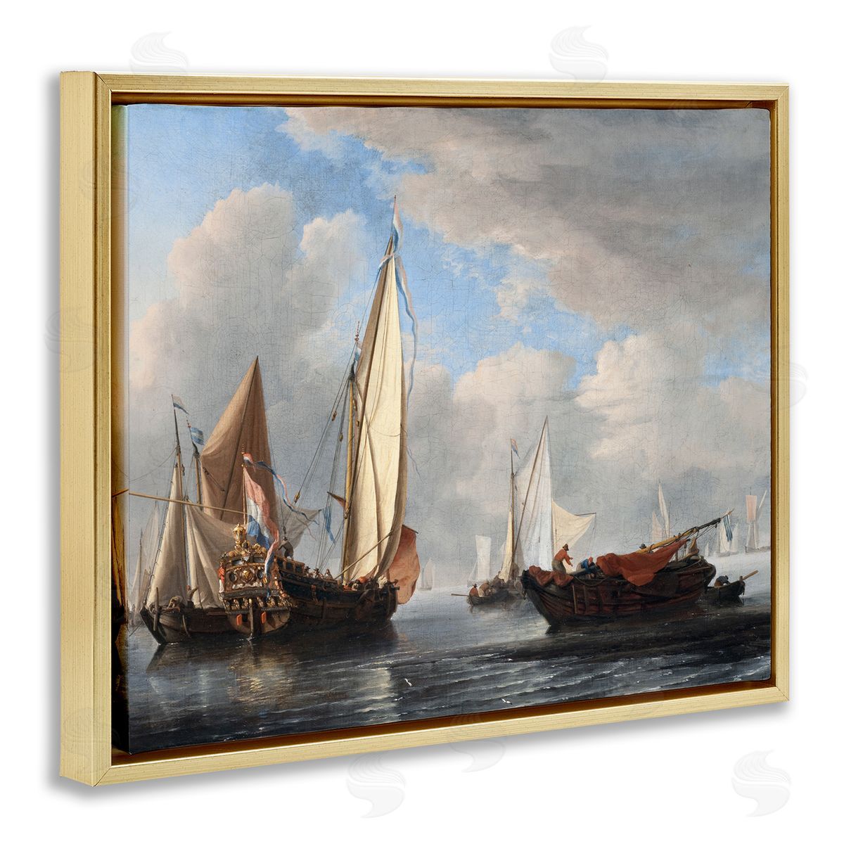 one1000paintings Yacht and Other Vessels Willem van de Velde Classic Painting Gold Floating Frame Canvas Wall Art Print