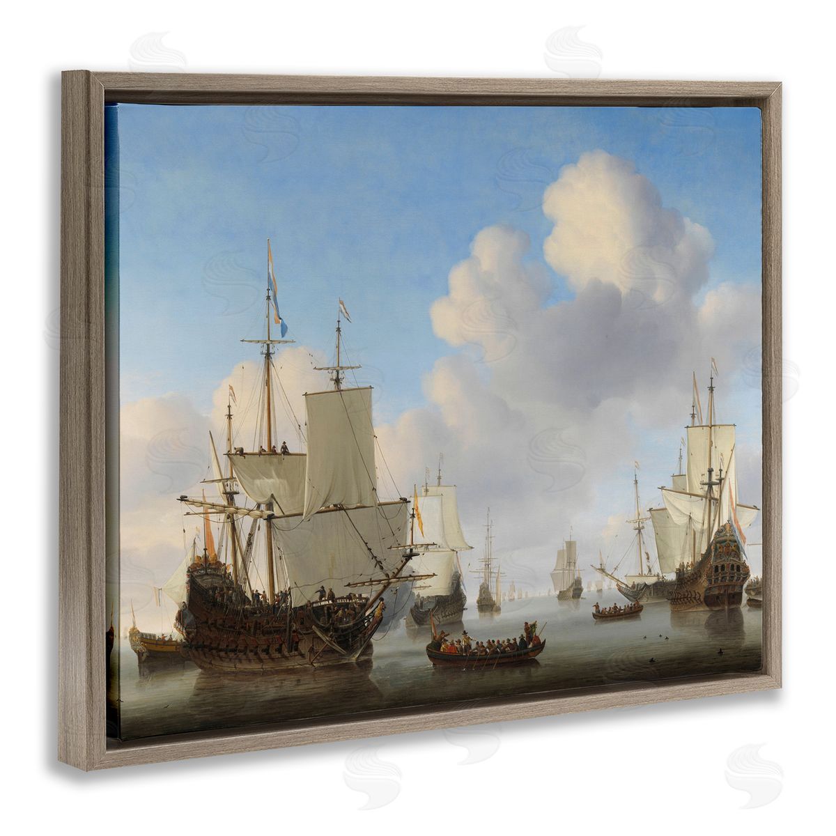 one1000paintings Dutch Ships at Sea Willem van de Velde Classic Painting Brown Floating Frame Canvas Wall Art Print