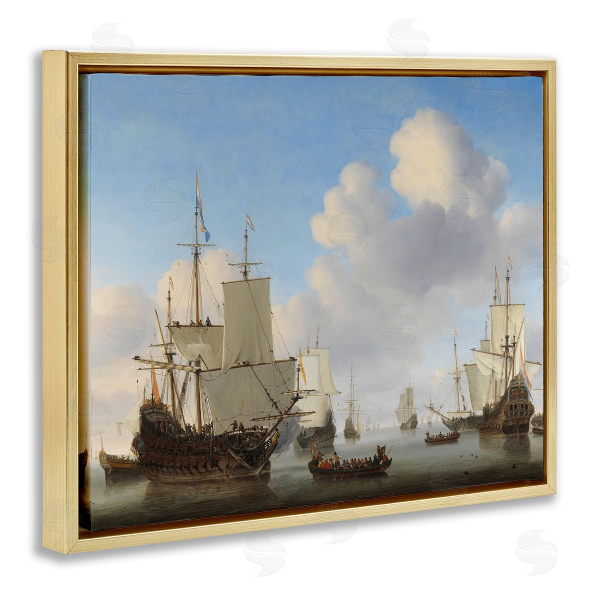 one1000paintings Dutch Ships at Sea Willem van de Velde Classic Painting Gold Floating Frame Canvas Wall Art Print