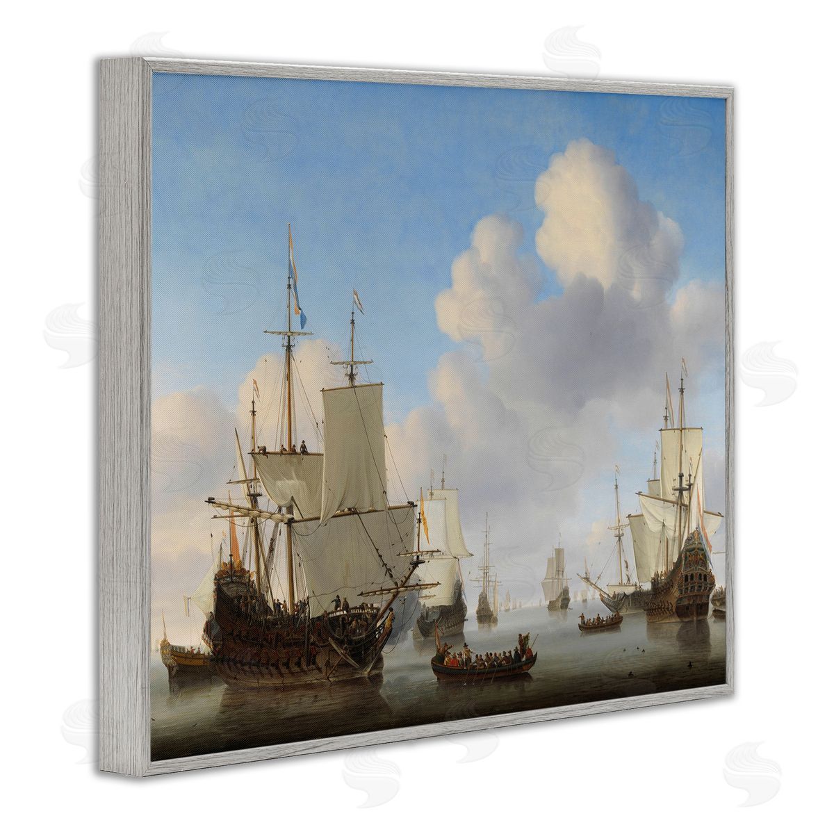 one1000paintings Dutch Ships at Sea Willem van de Velde Classic Painting Gray Framed Giclee Wall Art Print