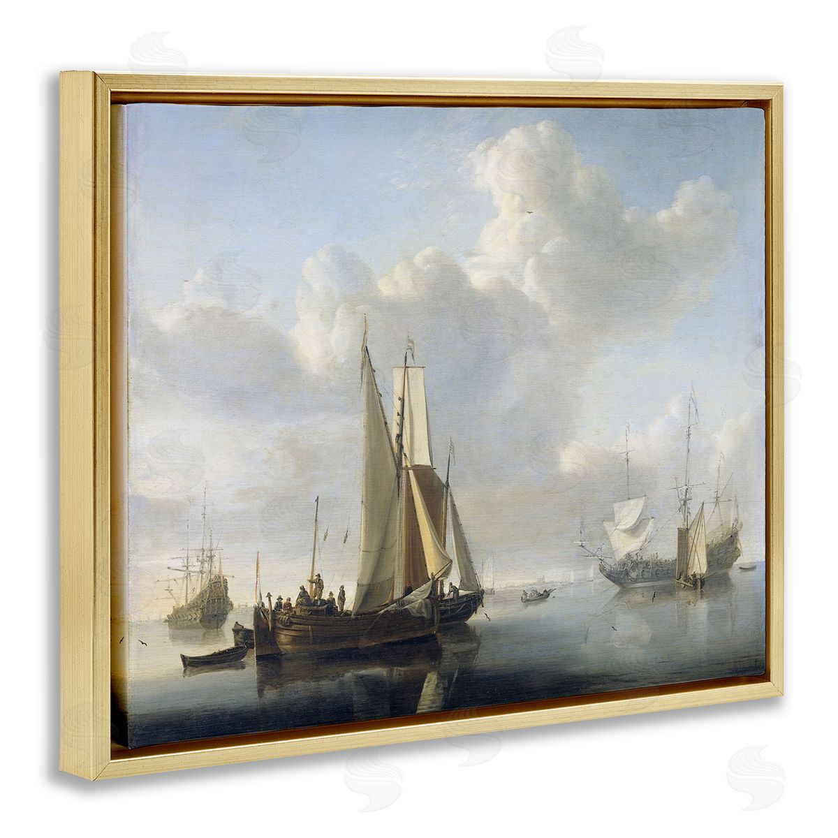 one1000paintings Ships before the Shore Willem van de Velde Classic Painting Gold Floating Frame Canvas Wall Art Print