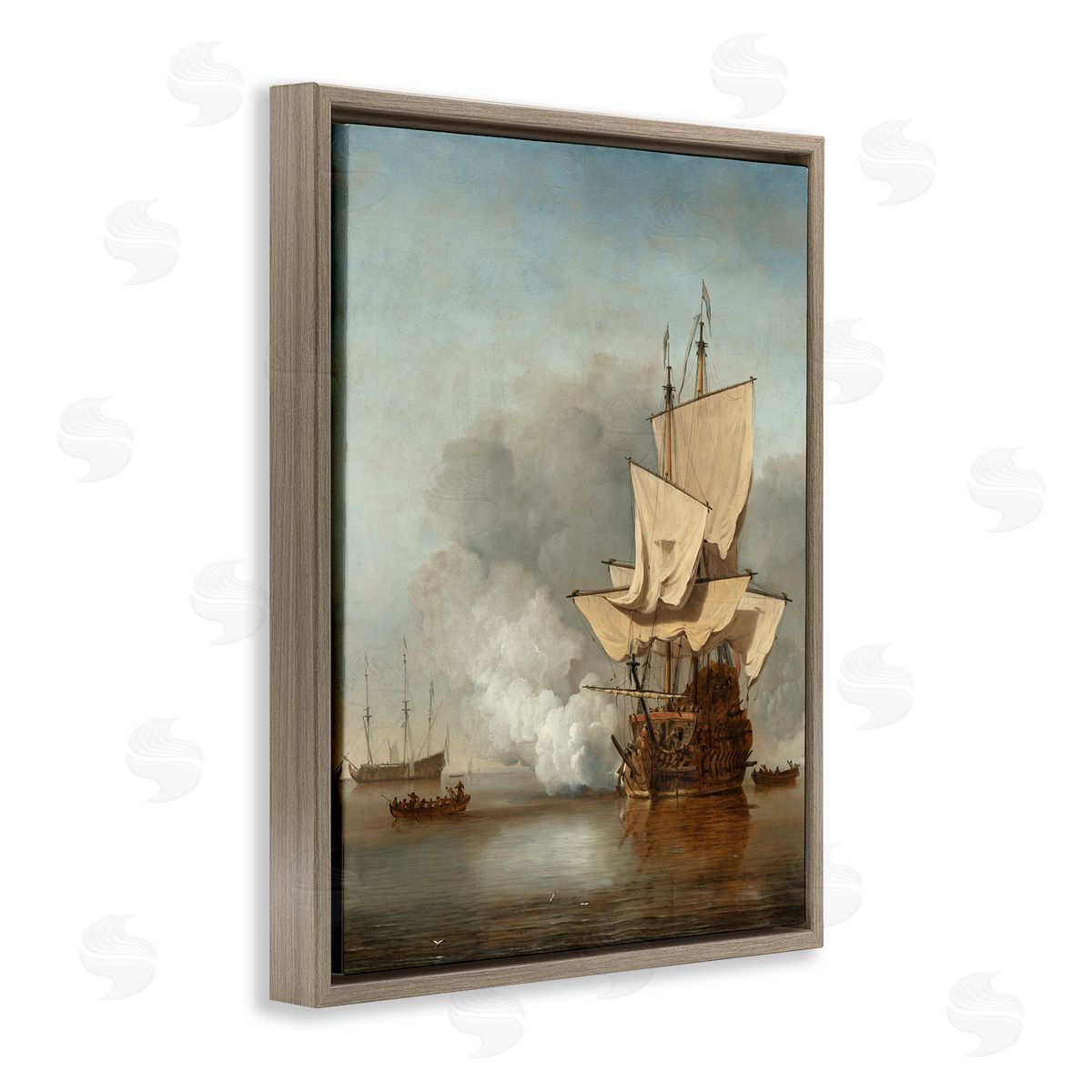 one1000paintings The Canon Willem van de Velde Classic Painting Brown Floating Frame Canvas Wall Art Print