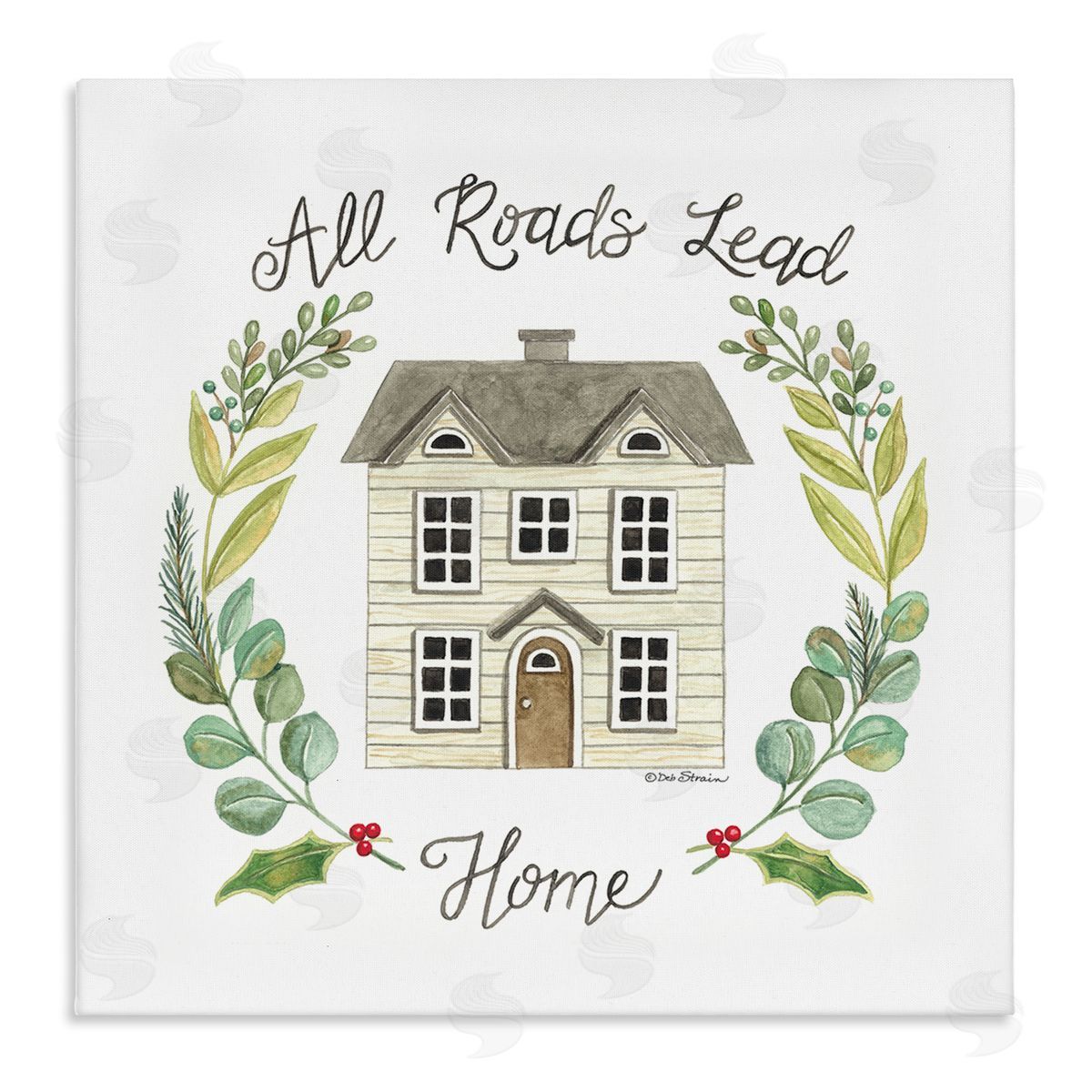 Deb Strain All Roads Lead Home Cottage Botanical Border Stretched Canvas Wall Art Print