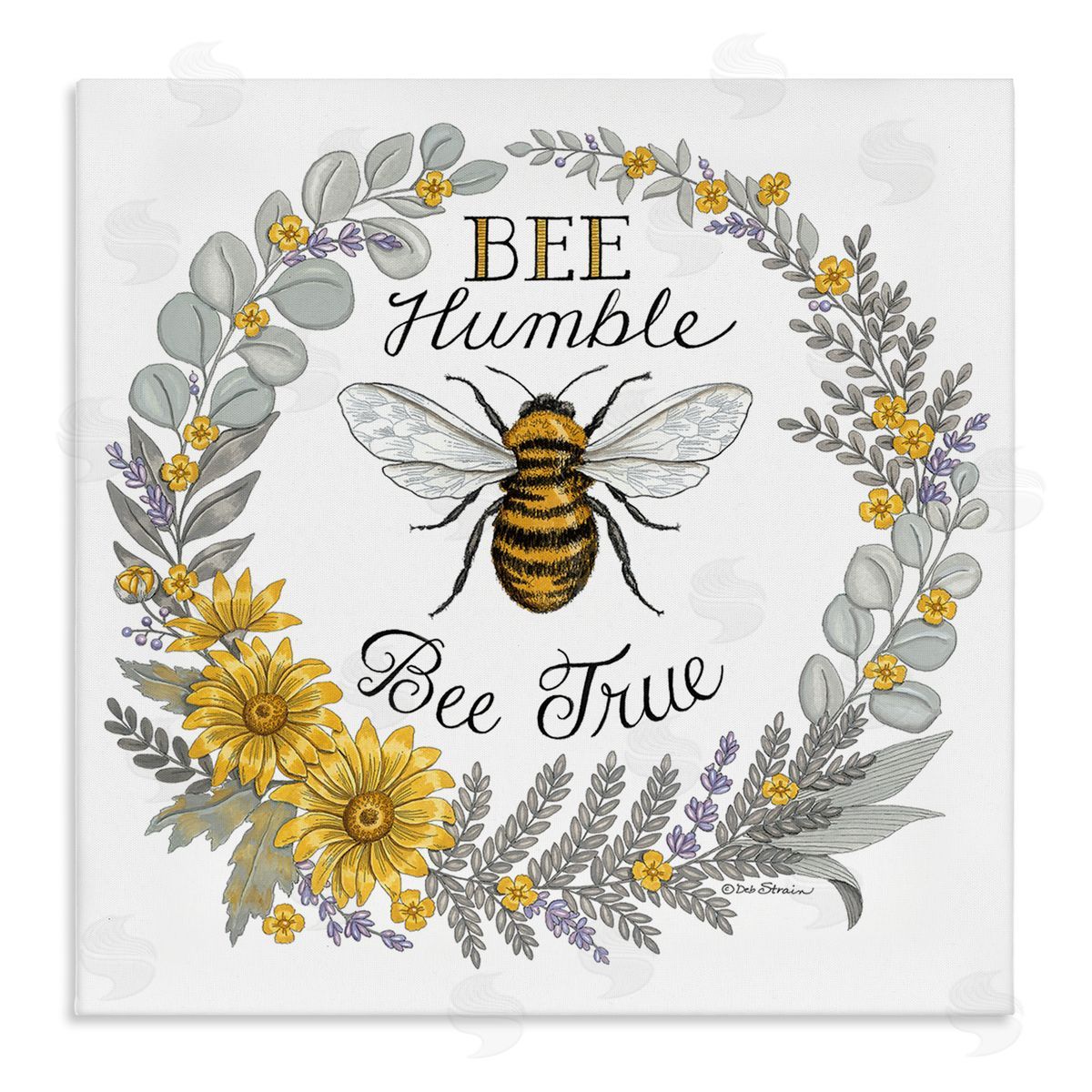 Deb Strain Bee Humble & True Encouraging Insect Floral Border Stretched Canvas Wall Art Print