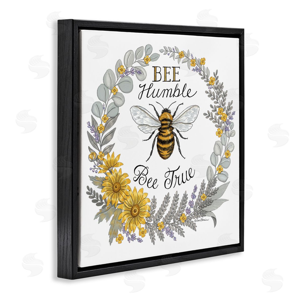 Deb Strain Bee Humble & True Encouraging Insect Floral Border Black Floating Frame Canvas Wall Art Print