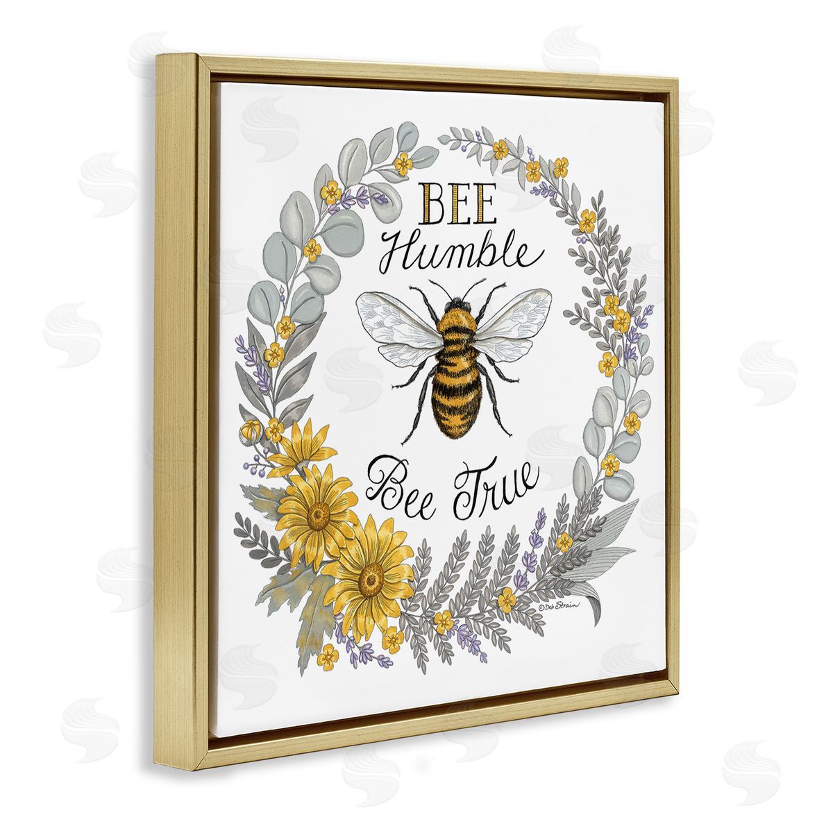 Deb Strain Bee Humble & True Encouraging Insect Floral Border Gold Floating Frame Canvas Wall Art Print
